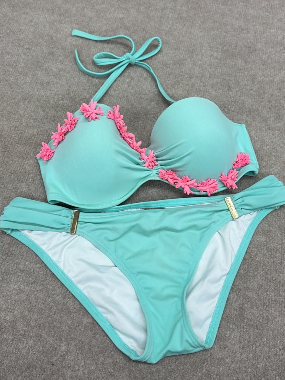 34DD & L Victoria's Secret Mint Green Bikini Set with Pink Floral Embellishments